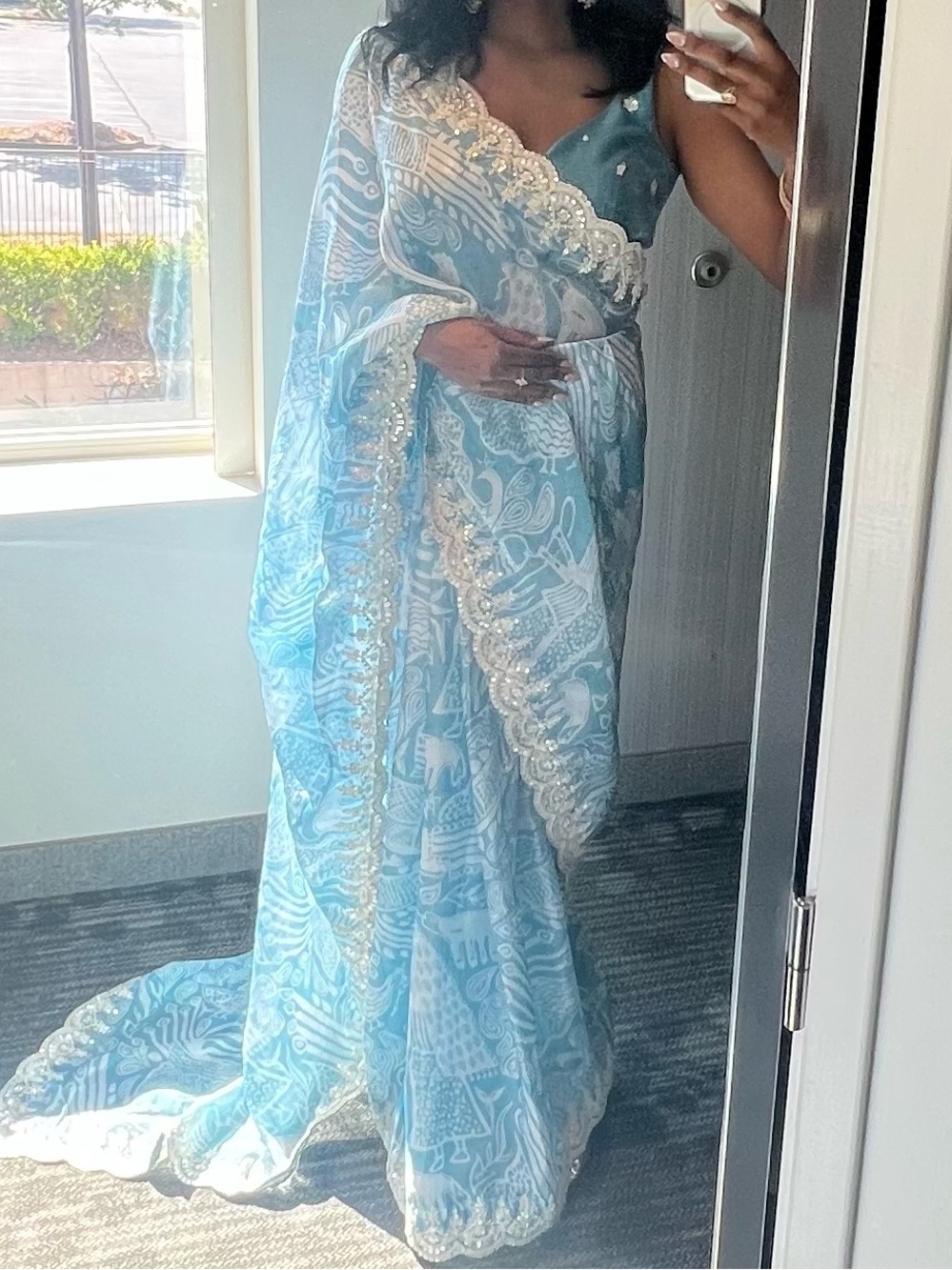 Sky Blue Embroidered Women's Saree with Scallop Border - Picture 2 of 2